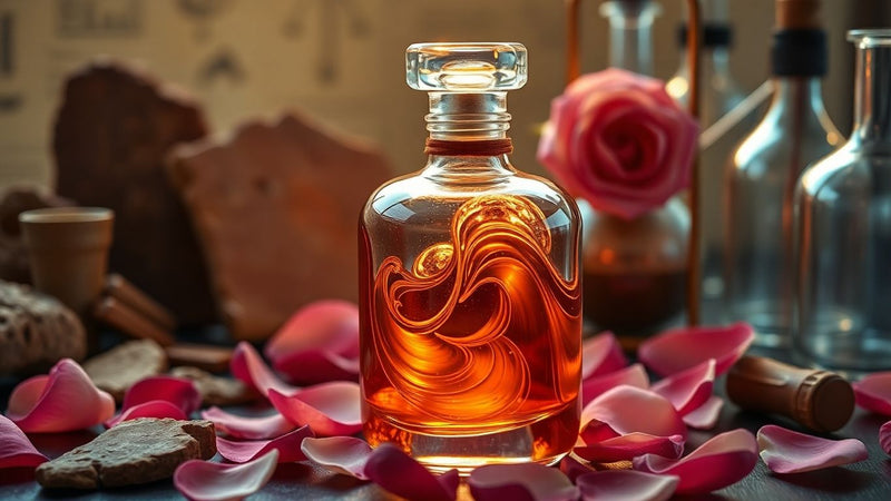 Perfume bottle with rose petals and ancient pottery.