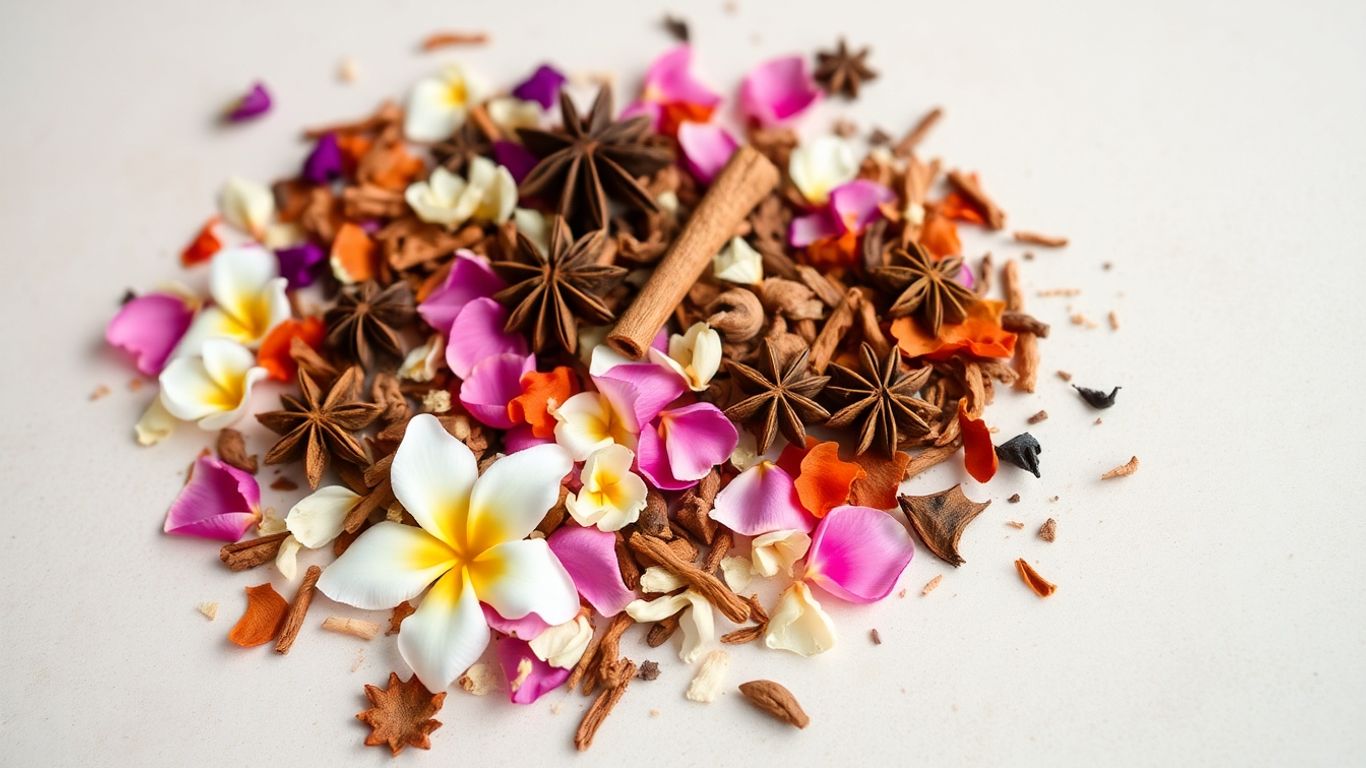 Flower petals, spices, and wood shavings artfully arranged.