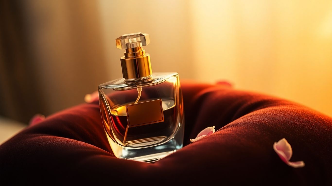 Elegant perfume bottle with golden cap and scattered petals.