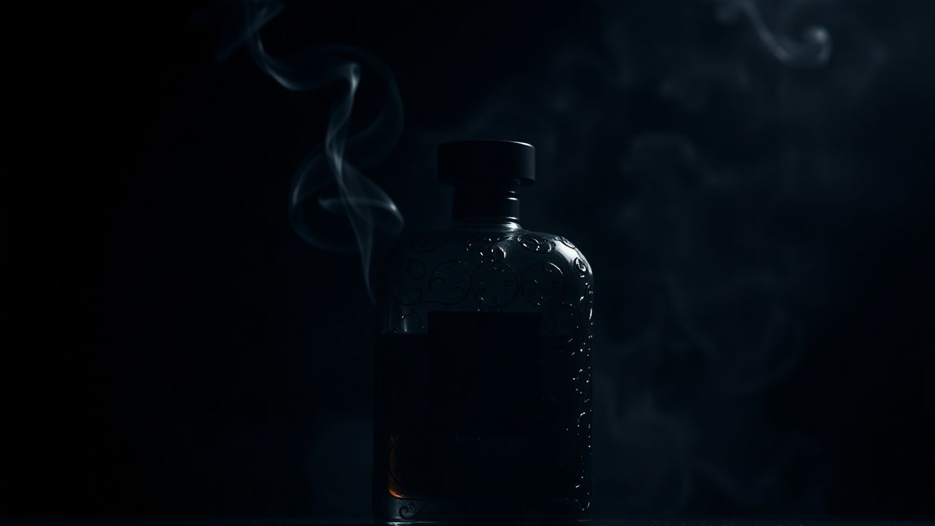 Dark, shadowy perfume bottle with swirling smoky fragrance.