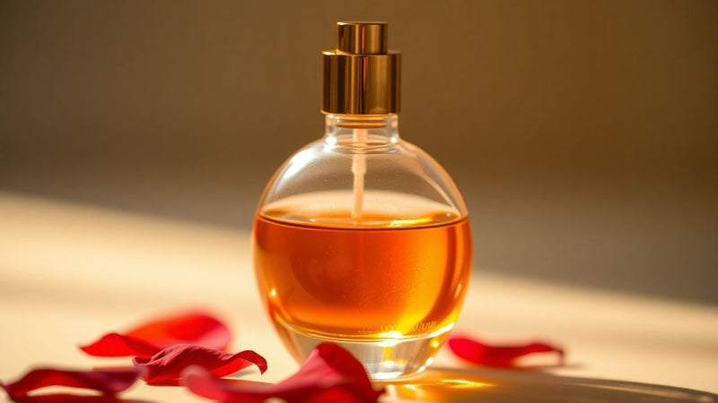 Elegant glass perfume bottle with golden atomizer and rose petals.