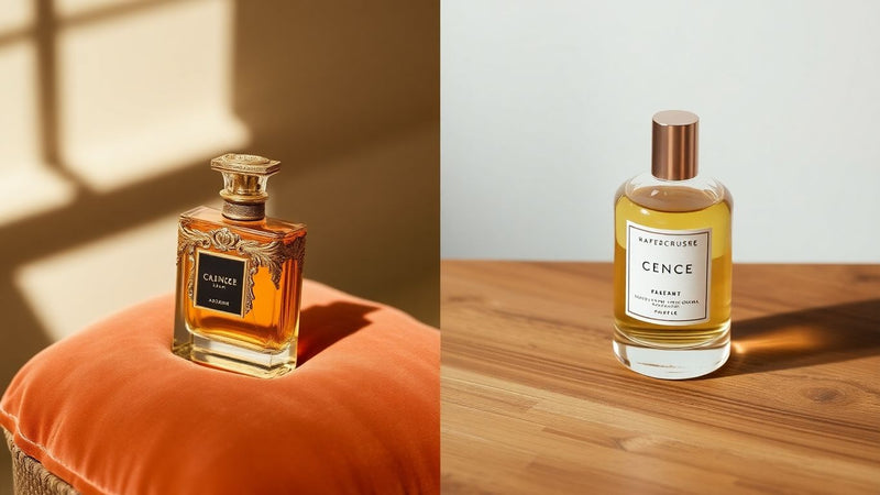 Luxurious perfume bottle versus minimalist artisanal fragrance bottle.