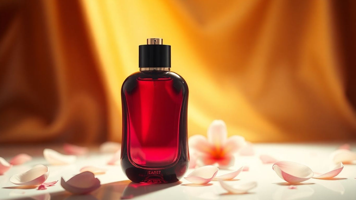 Elegant perfume bottle with falling flower petals.