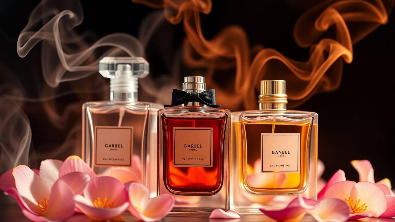 Perfume bottles with colourful aromatic mists and floral elements.