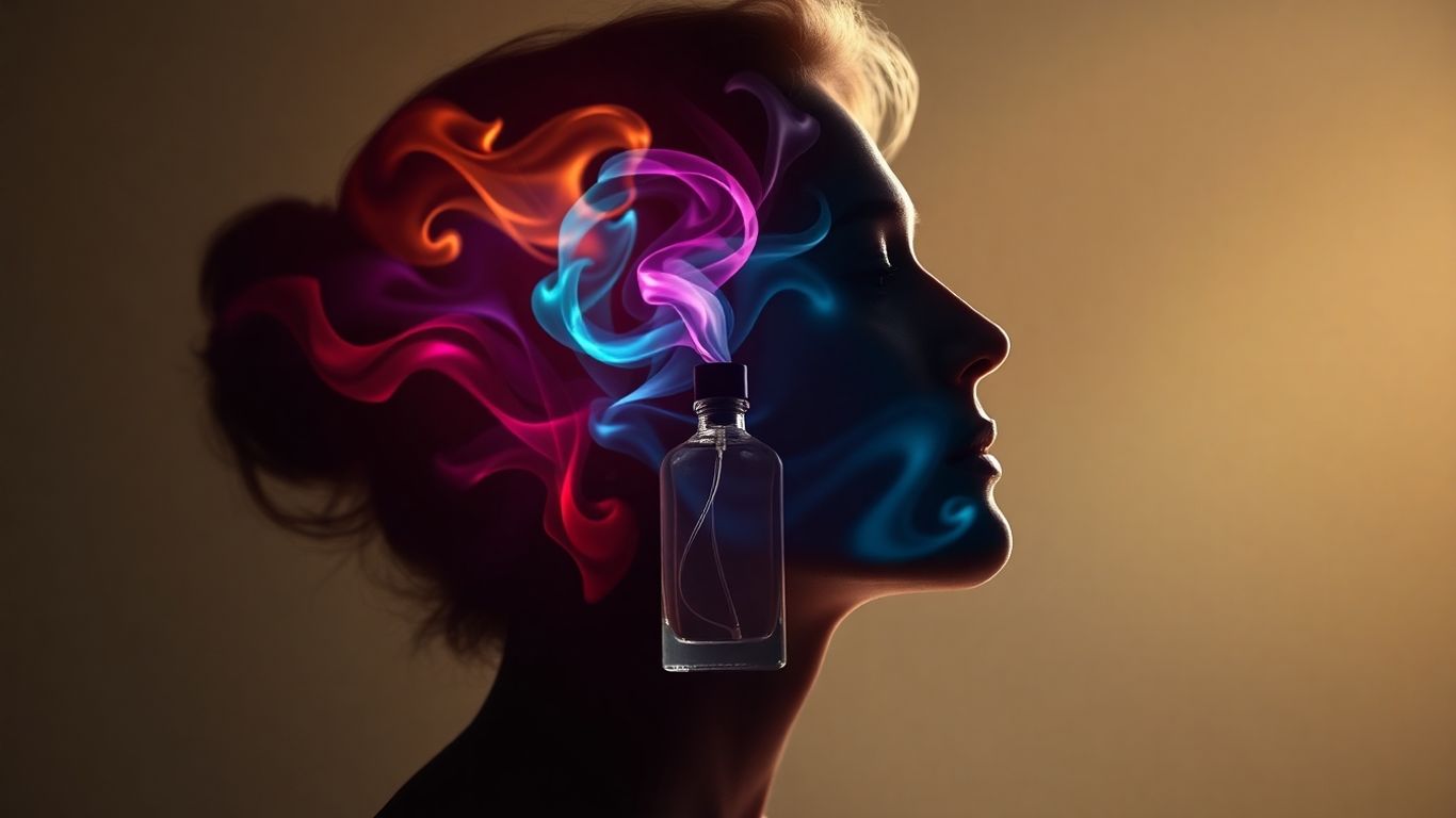 Perfume bottle releasing colourful scents into a silhouette.