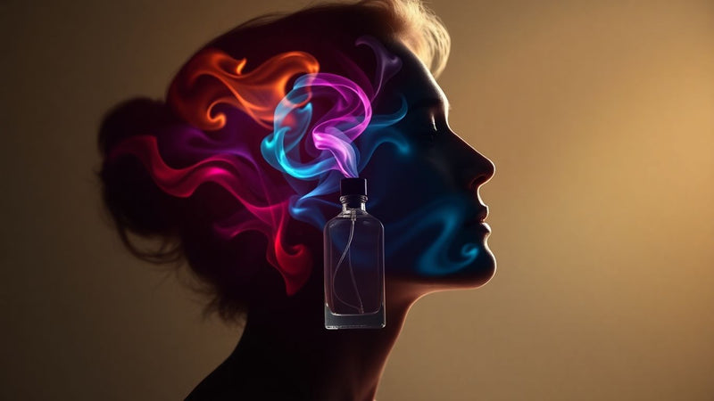 Perfume bottle releasing colourful scents into a silhouette.