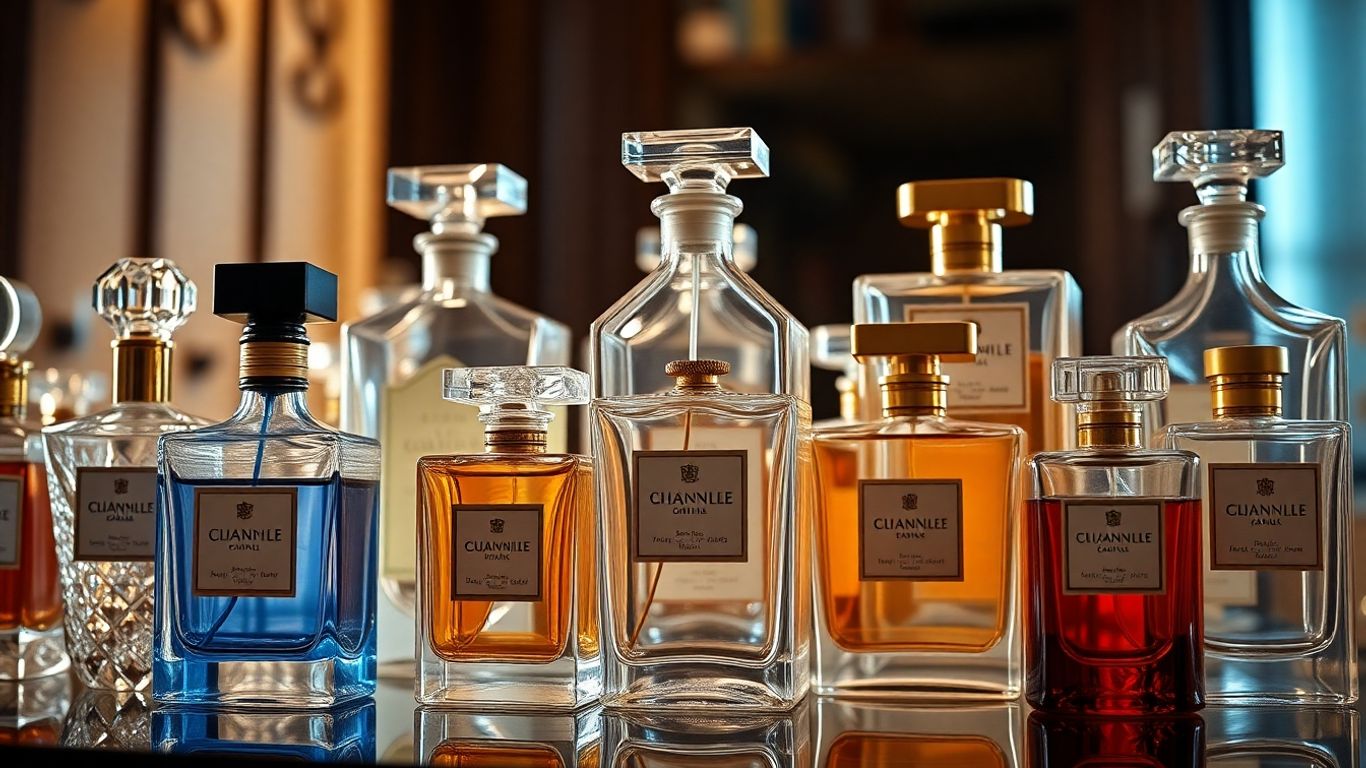 Elegant perfume bottles with celebrity associations.