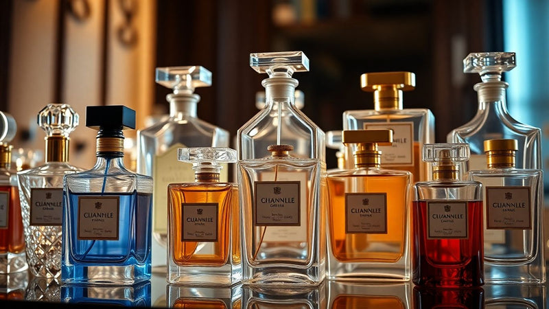 Elegant perfume bottles with celebrity associations.