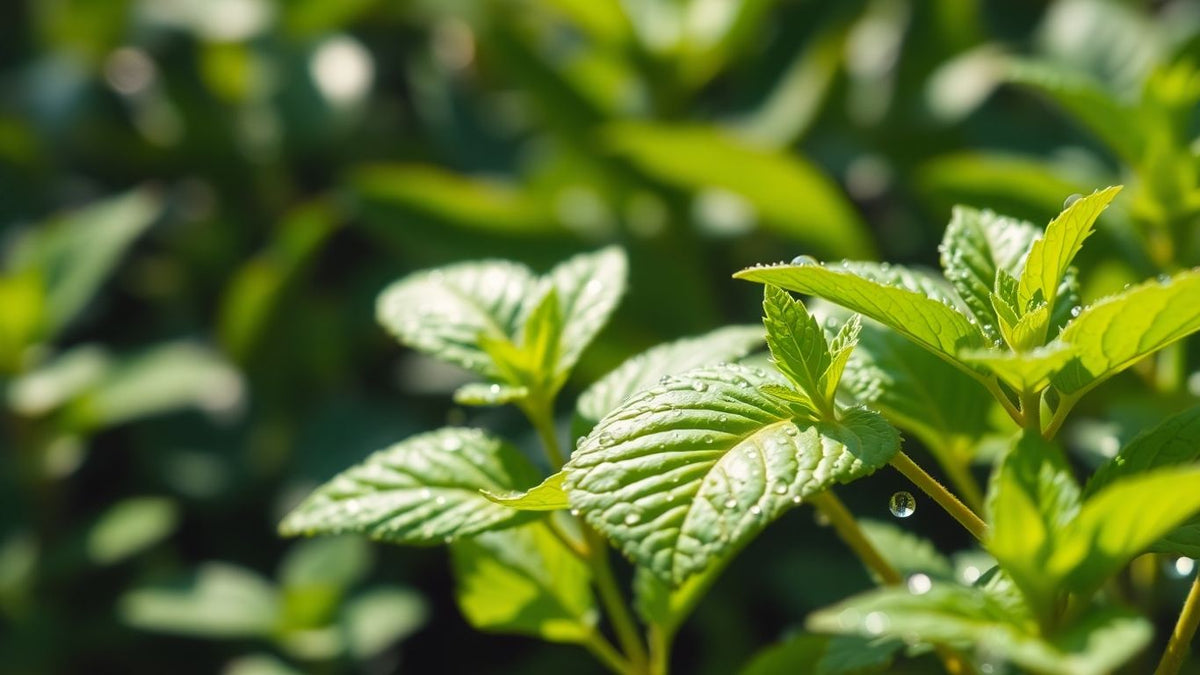 Fresh mint leaves with water droplets against a blurred tropical background.