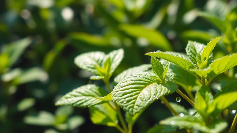 Fresh mint leaves with water droplets against a blurred tropical background.