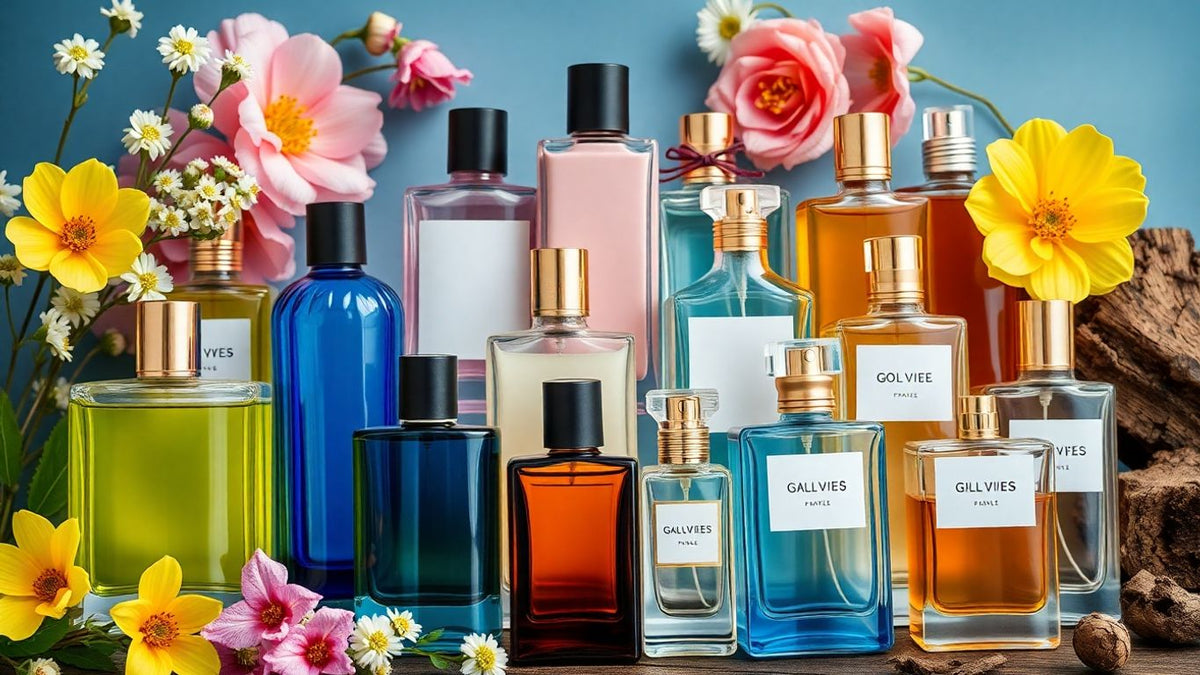 Assortment of colourful perfume bottles with floral and woody accents.