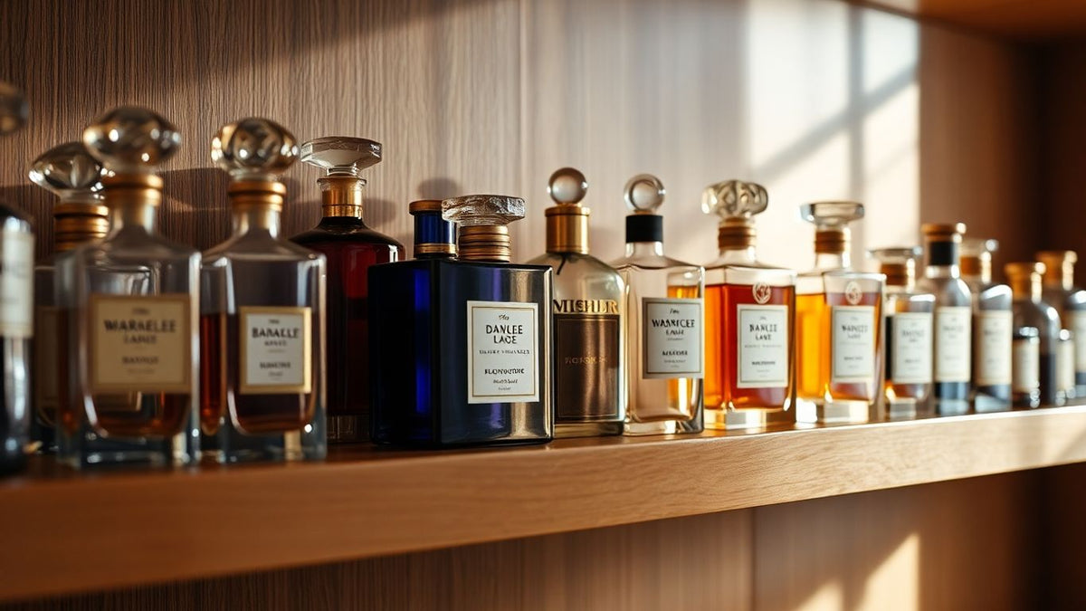 Perfume bottles on a shelf in soft light.