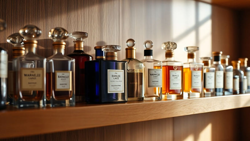 Perfume bottles on a shelf in soft light.