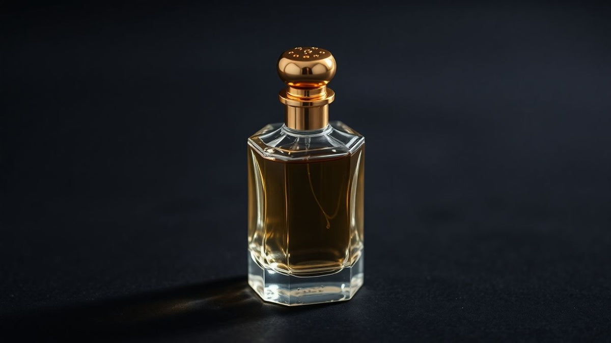 Elegant glass perfume bottle with golden cap.