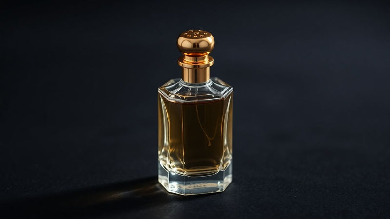 Elegant glass perfume bottle with golden cap.