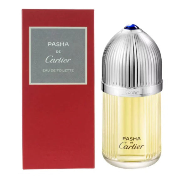 Pasha de Cartier perfume bottle and packaging on a white background