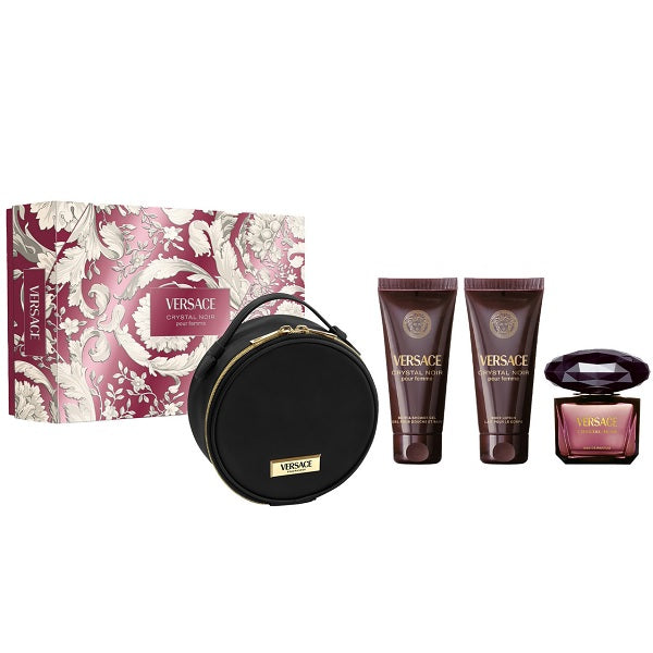Versace Crystal Noir 90ml EDP Spray + 100ml Bath & Shower Gel + 100ml Body Lotion + Round Make Up Case Gift Set 2025
