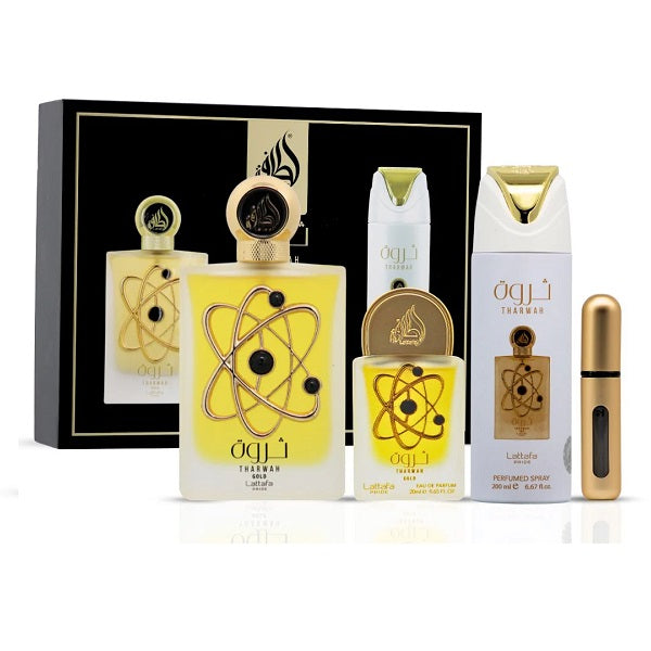Lattafa Pride Tharwah Gold 100ml EDP Spray  + 20ml EDP Spray + 200ml Perfumed Spray Gift Set