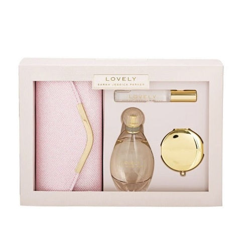 Sarah Jessica Parker Lovely 100ml EDP Spray + 10ml EDP Rollerball + Compact Mirror + Clutch Bag Gift Set