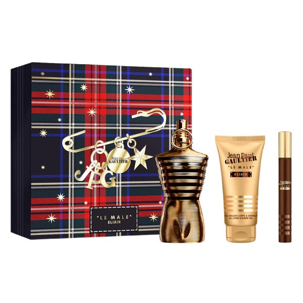 Jean Paul Gaultier Le Male Elixir 75ml Parfum Spray + 10ml Parfum Spray + 75ml All Over Shower Gel Gift Set 2025