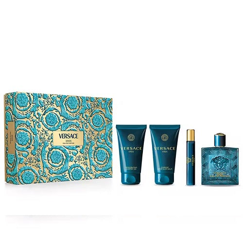 Versace Eros 100ml EDP Spray + 10ml EDP Spray + 75ml Shower gel + 75ml Aftershave Balm Gift Set 2024