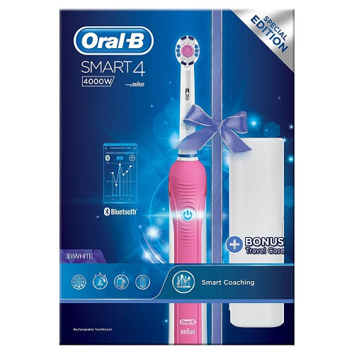 Oral B Smart 4 4000W 3D White Pink Electric Toothbrush + Bonus Travel Case