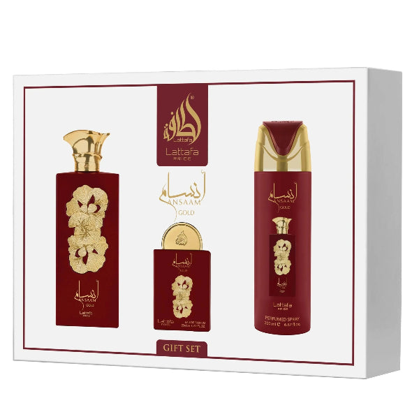 Lattafa Pride Ansaam Gold 100ml EDP Spray  + 20ml EDP Spray + 200ml Perfumed Spray Gift Set
