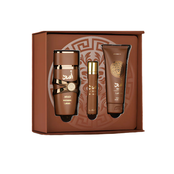 Lattafa Asad Bourbon 100ml EDP Spray + 12ml EDP Travel Spray + 100ml Shower Gel Gift Set
