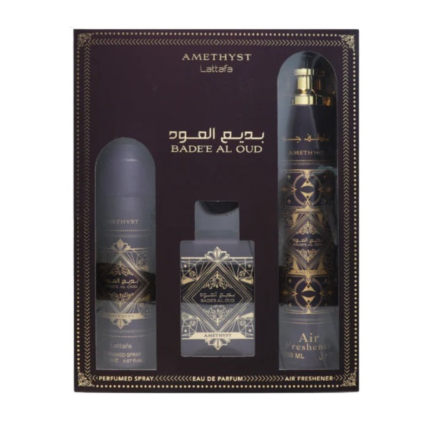 Lattafa Bade'e Al Oud Amethyst 100ml EDP Spray + 200ml Perfume Spray + 300ml Air Freshener Gift Set