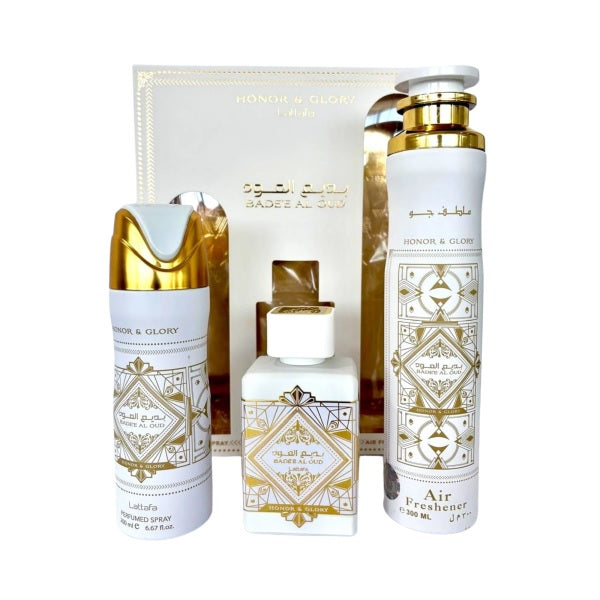 Lattafa Bade'e Al Oud Honor & Glory 100ml EDP Spray + 200ml Perfume Spray + 300ml Air Freshener Gift Set