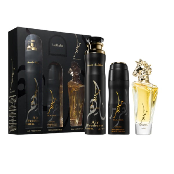 Lattafa Maahir 100ml EDP Spray + 200ml Perfume Spray + 300ml Air Freshener Gift Set