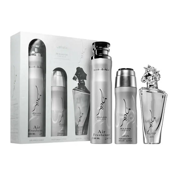 Lattafa Maahir Legacy 100ml EDP Spray + 200ml Perfume Spray + 300ml Air Freshener Gift Set